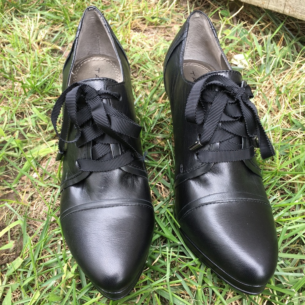 Black Leather Tahari Ribbon Laced Bootie Heels